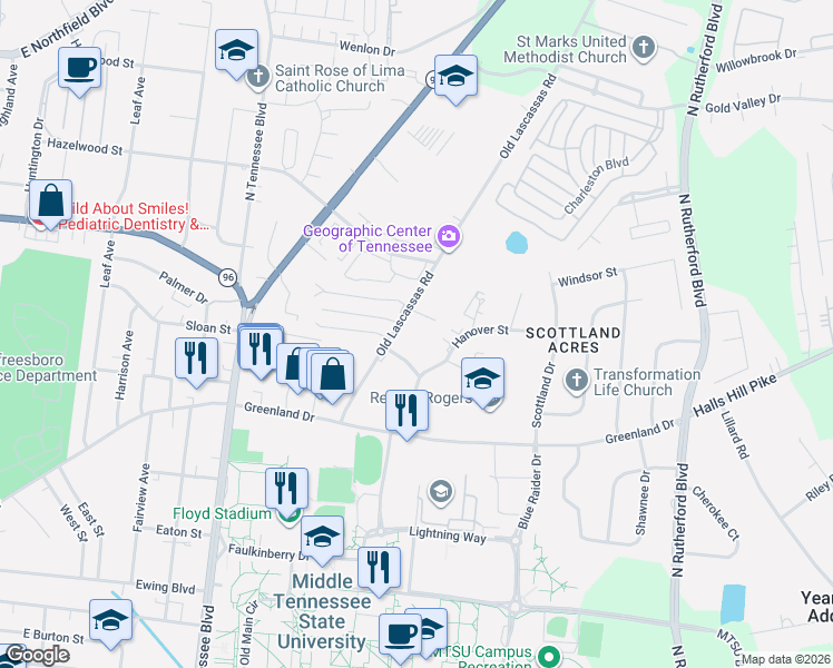 map of restaurants, bars, coffee shops, grocery stores, and more near 1214 Old Lascassas Road in Murfreesboro