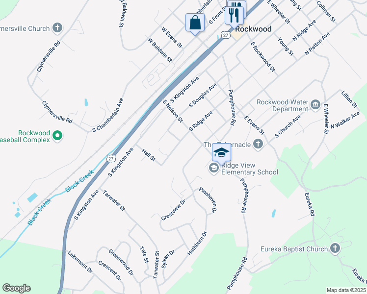 map of restaurants, bars, coffee shops, grocery stores, and more near 600 South Ridge Avenue in Rockwood