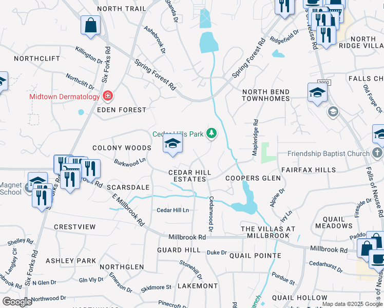 map of restaurants, bars, coffee shops, grocery stores, and more near 5405 Cedarwood Drive in Raleigh