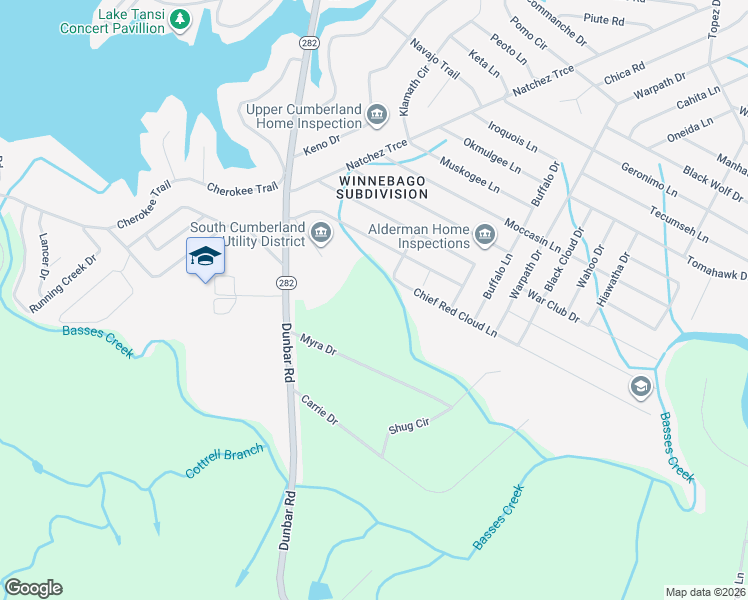 map of restaurants, bars, coffee shops, grocery stores, and more near 73 Myra Drive in Crossville