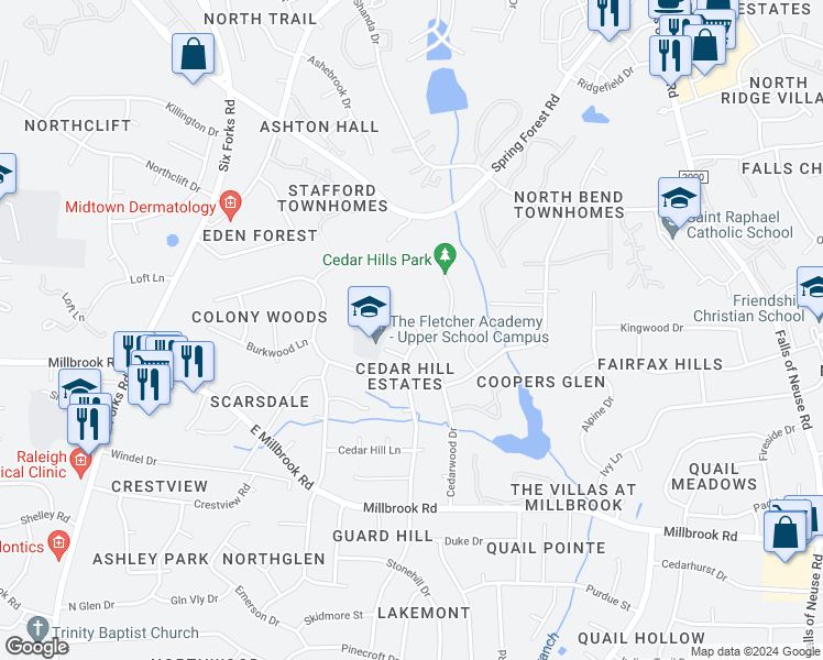 map of restaurants, bars, coffee shops, grocery stores, and more near 5405 Cedarwood Drive in Raleigh