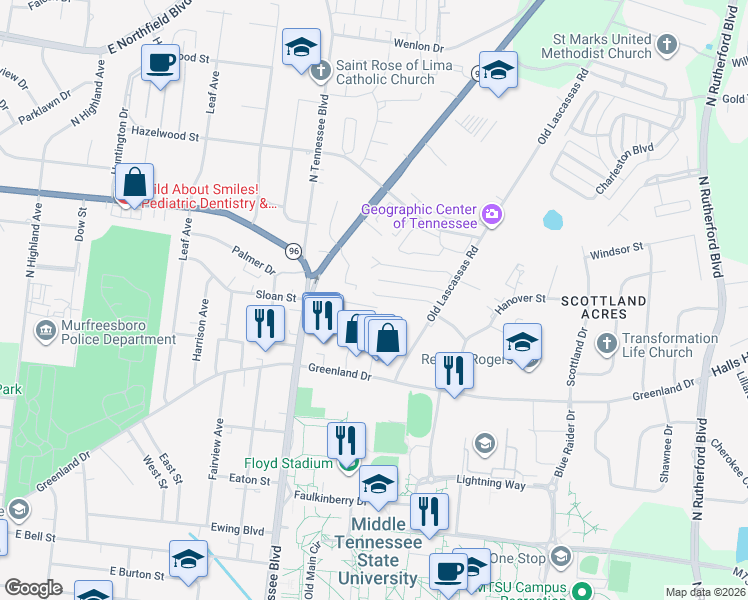 map of restaurants, bars, coffee shops, grocery stores, and more near 1421 Middleborough Court in Murfreesboro