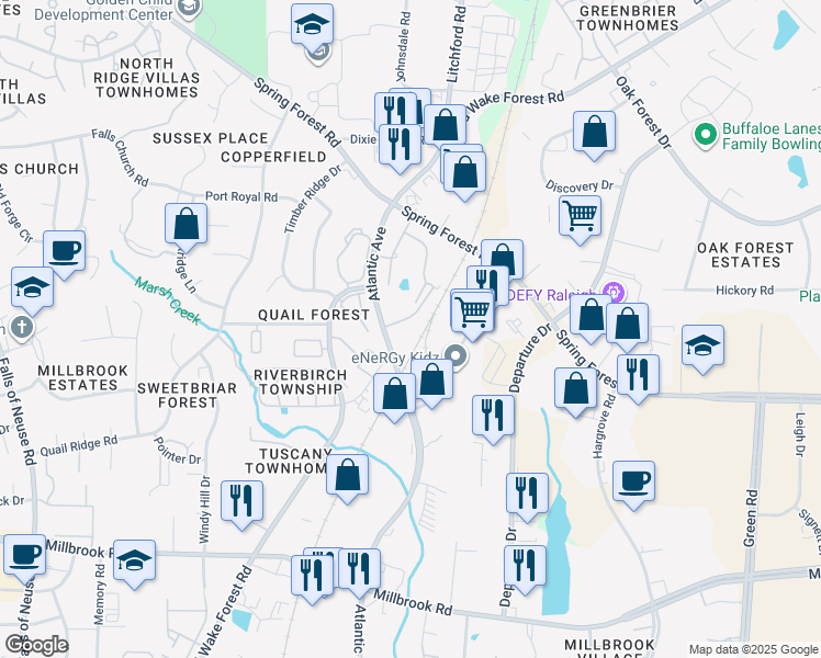map of restaurants, bars, coffee shops, grocery stores, and more near 5300 Atlantic Avenue in Raleigh