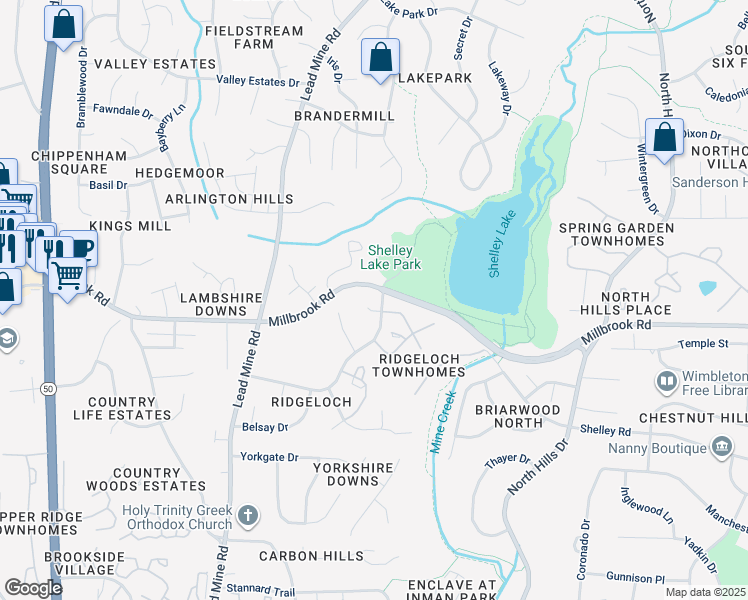 map of restaurants, bars, coffee shops, grocery stores, and more near 2000 Biddestone Court in Raleigh