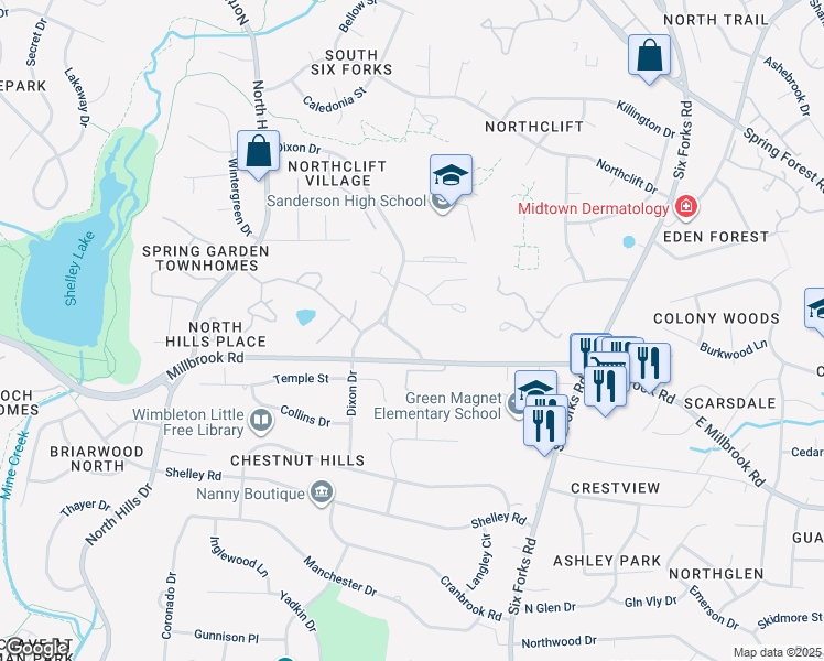 map of restaurants, bars, coffee shops, grocery stores, and more near 408 Snelling Road in Raleigh