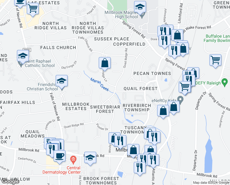 map of restaurants, bars, coffee shops, grocery stores, and more near 1821 Quail Ridge Road in Raleigh