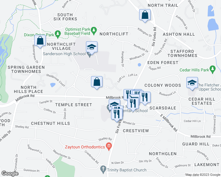 map of restaurants, bars, coffee shops, grocery stores, and more near 209 Loft Lane in Raleigh