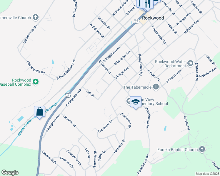 map of restaurants, bars, coffee shops, grocery stores, and more near 600 South Ridge Avenue in Rockwood