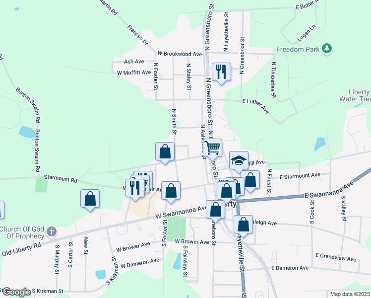 map of restaurants, bars, coffee shops, grocery stores, and more near 235 Pickett Circle in Liberty