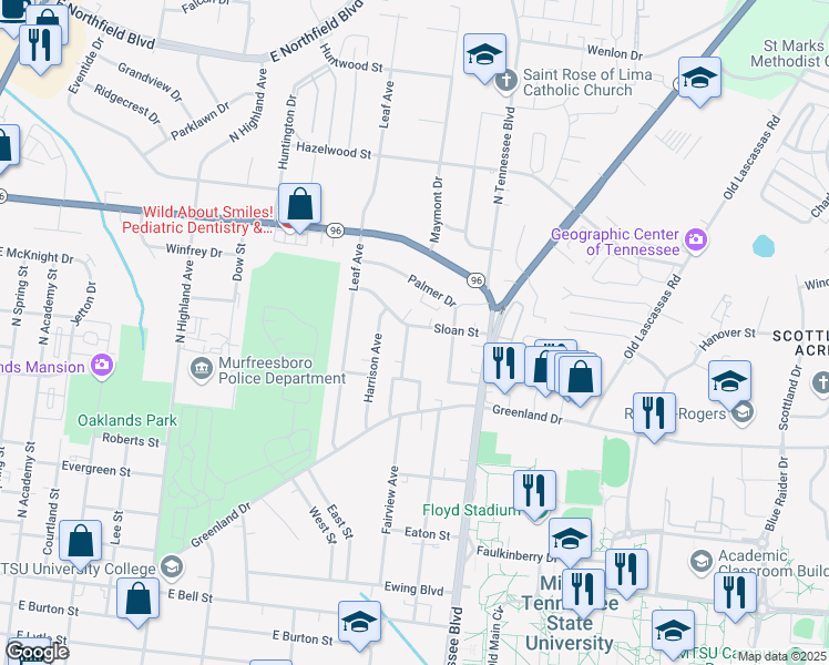 map of restaurants, bars, coffee shops, grocery stores, and more near 1126 Rose Avenue in Murfreesboro