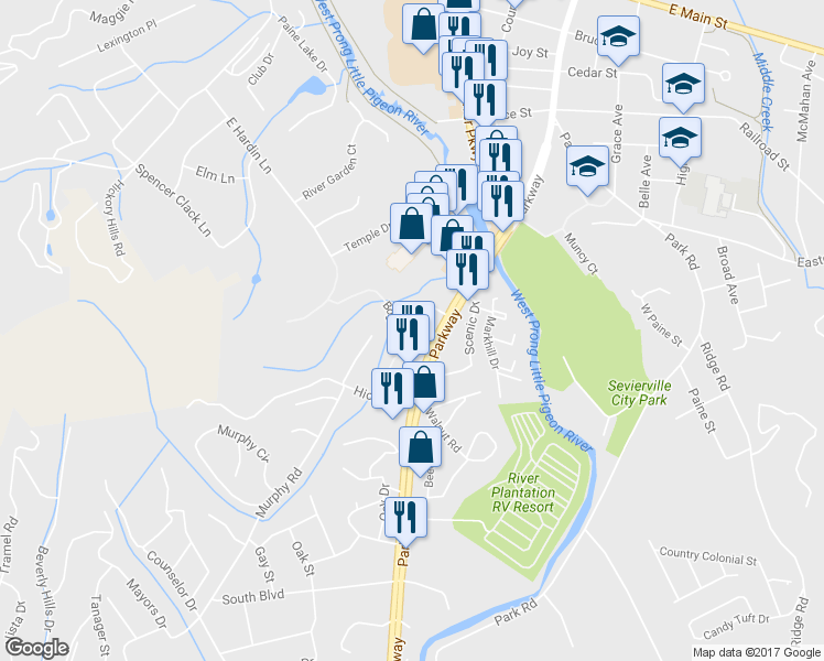 map of restaurants, bars, coffee shops, grocery stores, and more near 711 Chilhowee Drive in Sevierville