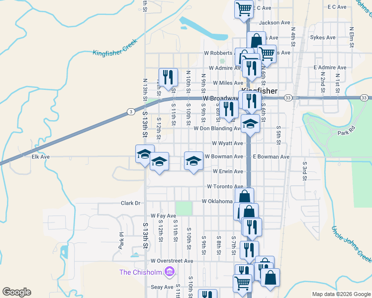 map of restaurants, bars, coffee shops, grocery stores, and more near 412 South 10th Street in Kingfisher