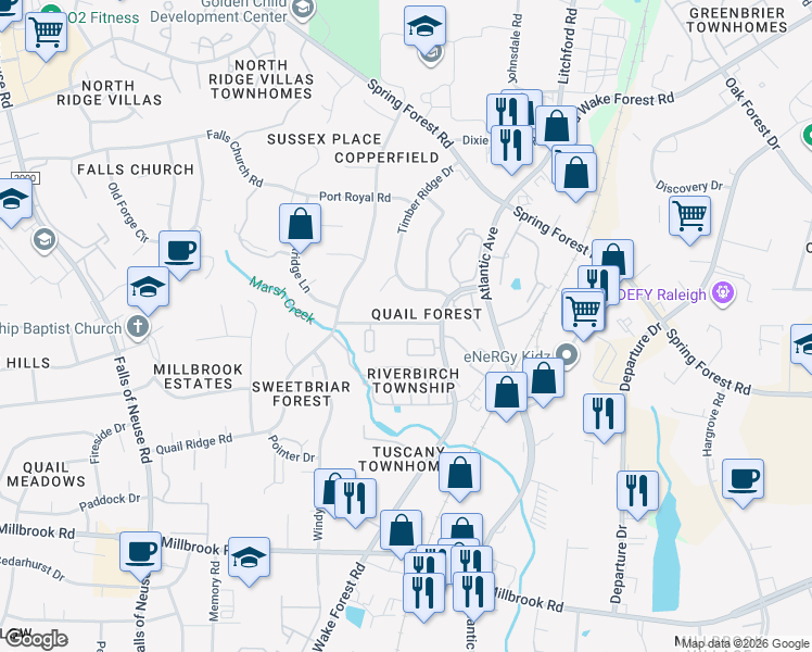 map of restaurants, bars, coffee shops, grocery stores, and more near 2026 Quail Forest Drive in Raleigh