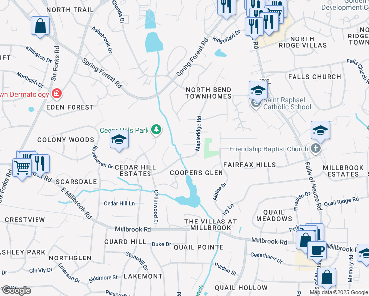 map of restaurants, bars, coffee shops, grocery stores, and more near 708 Dawnwood Court in Raleigh