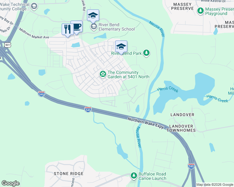 map of restaurants, bars, coffee shops, grocery stores, and more near Northern Wake Expressway in Raleigh