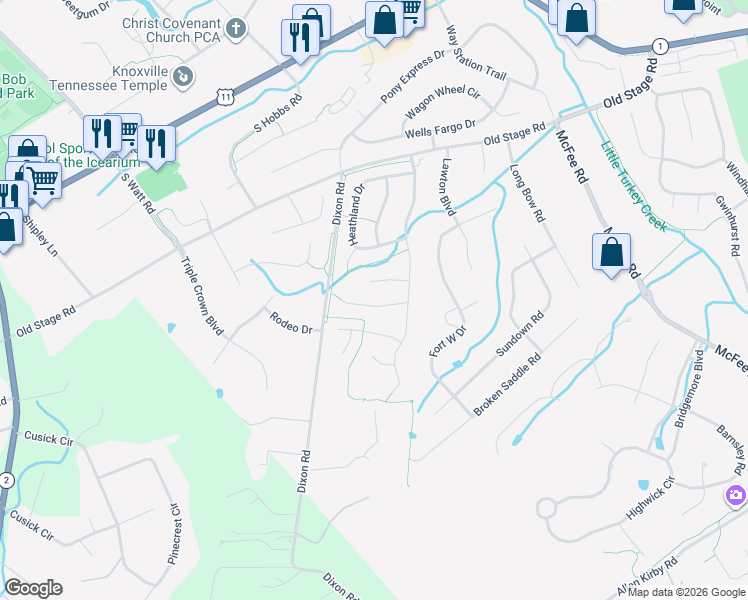 map of restaurants, bars, coffee shops, grocery stores, and more near 12927 Meadow Pointe Lane in Knoxville