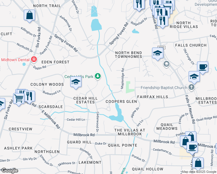 map of restaurants, bars, coffee shops, grocery stores, and more near 700 Dawnwood Court in Raleigh