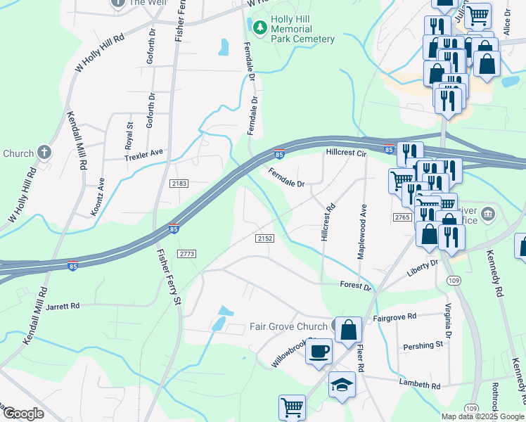 map of restaurants, bars, coffee shops, grocery stores, and more near 108 Woodland Lane in Thomasville