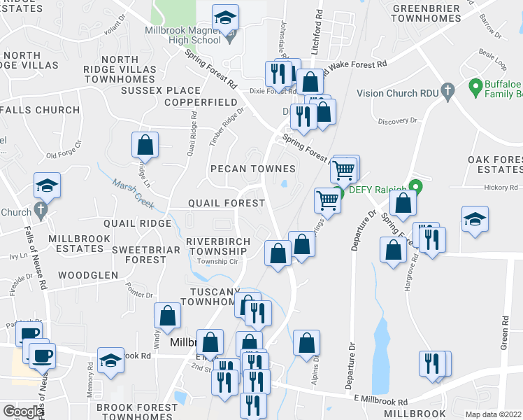 map of restaurants, bars, coffee shops, grocery stores, and more near 5709 Turtle Cove in Raleigh