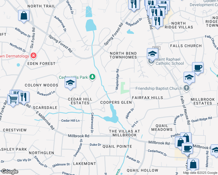map of restaurants, bars, coffee shops, grocery stores, and more near 708 Dawnwood Court in Raleigh