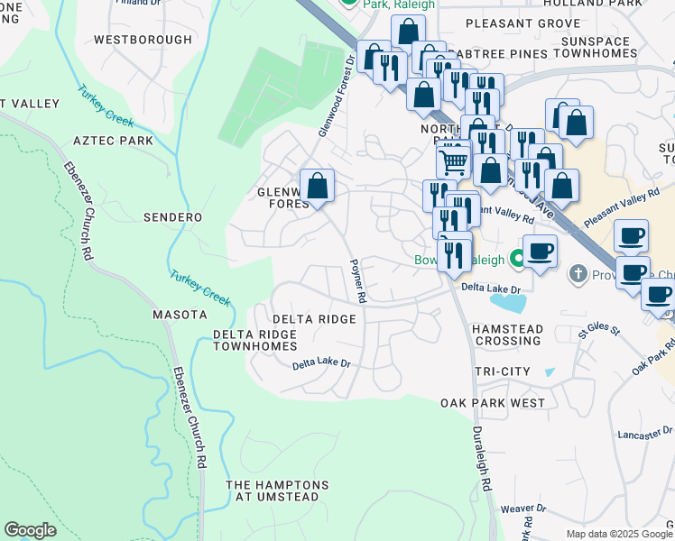 map of restaurants, bars, coffee shops, grocery stores, and more near 5745 Clearbay Lane in Raleigh