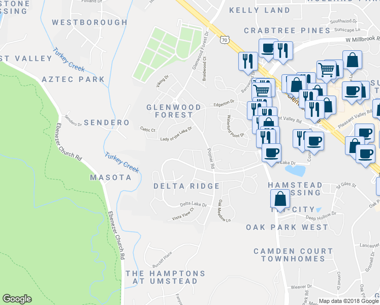 map of restaurants, bars, coffee shops, grocery stores, and more near 5745 Clearbay Lane in Raleigh