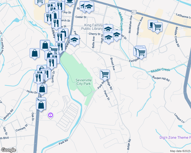 map of restaurants, bars, coffee shops, grocery stores, and more near 120 West Paine Street in Sevierville