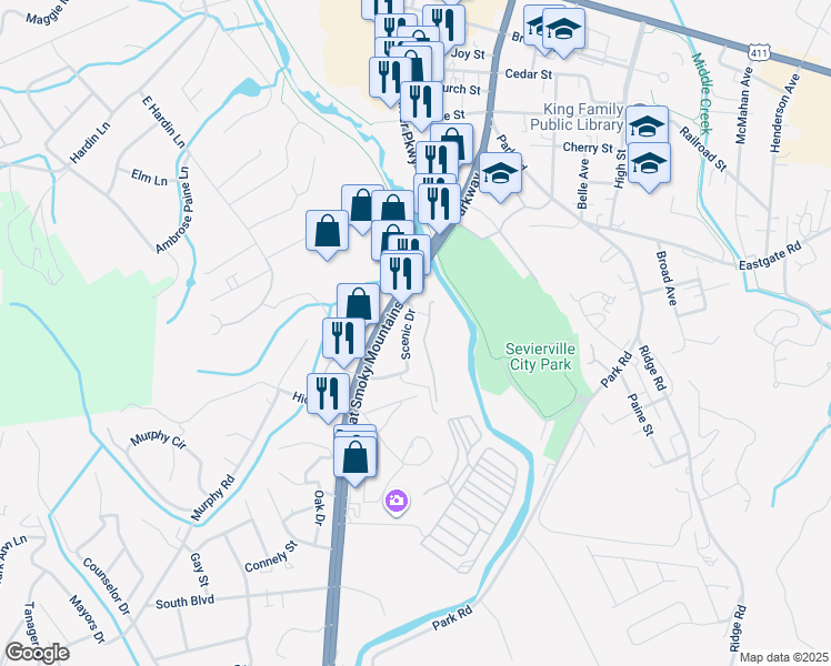 map of restaurants, bars, coffee shops, grocery stores, and more near 108 Scenic Drive in Pigeon Forge