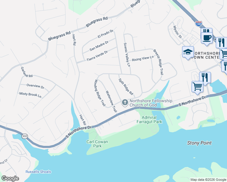 map of restaurants, bars, coffee shops, grocery stores, and more near 1720 Waterview Trail in Knoxville