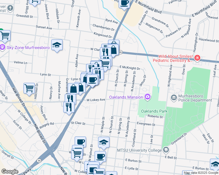 map of restaurants, bars, coffee shops, grocery stores, and more near 1006 North Maple Street in Murfreesboro