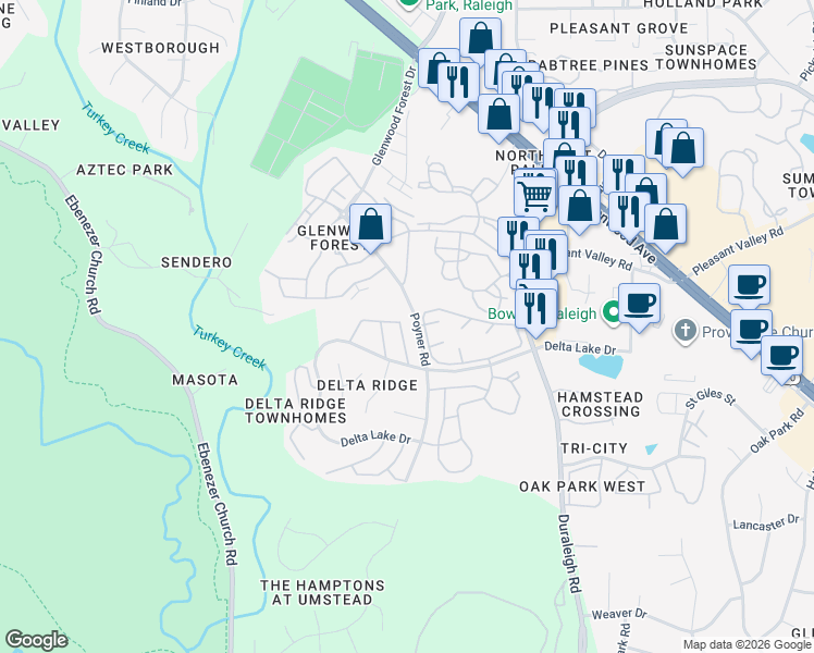 map of restaurants, bars, coffee shops, grocery stores, and more near 5754 Corbon Crest Lane in Raleigh