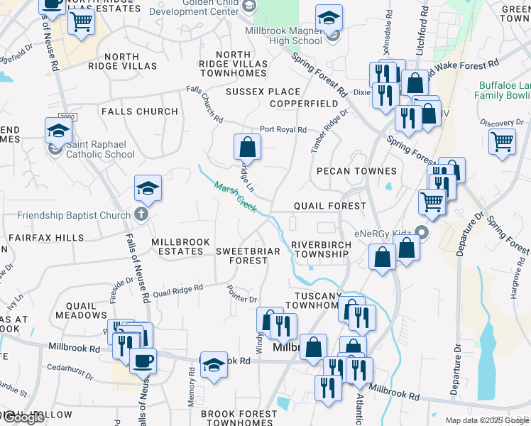 map of restaurants, bars, coffee shops, grocery stores, and more near 1821 Quail Ridge Road in Raleigh