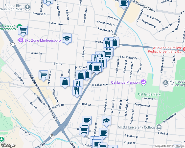 map of restaurants, bars, coffee shops, grocery stores, and more near 1011 Memorial Boulevard in Murfreesboro