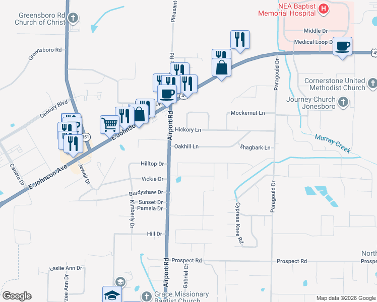 map of restaurants, bars, coffee shops, grocery stores, and more near 4111 Oakhill Lane in Jonesboro