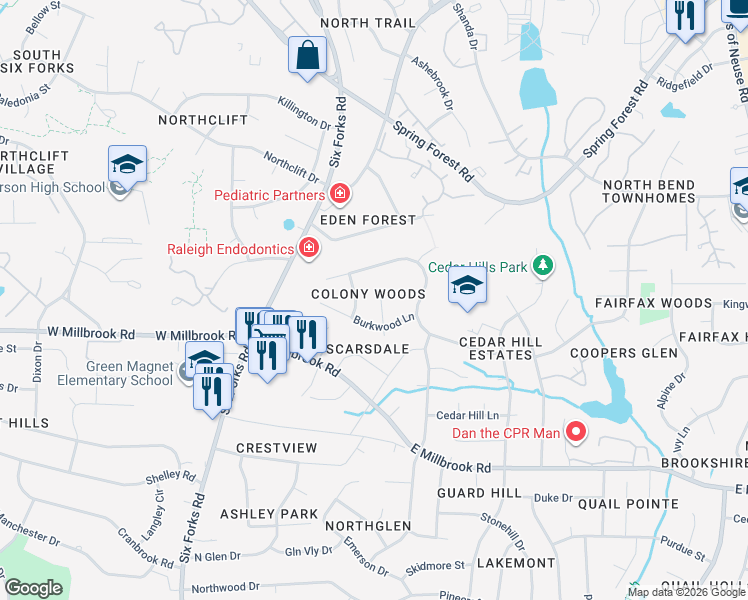 map of restaurants, bars, coffee shops, grocery stores, and more near in Raleigh