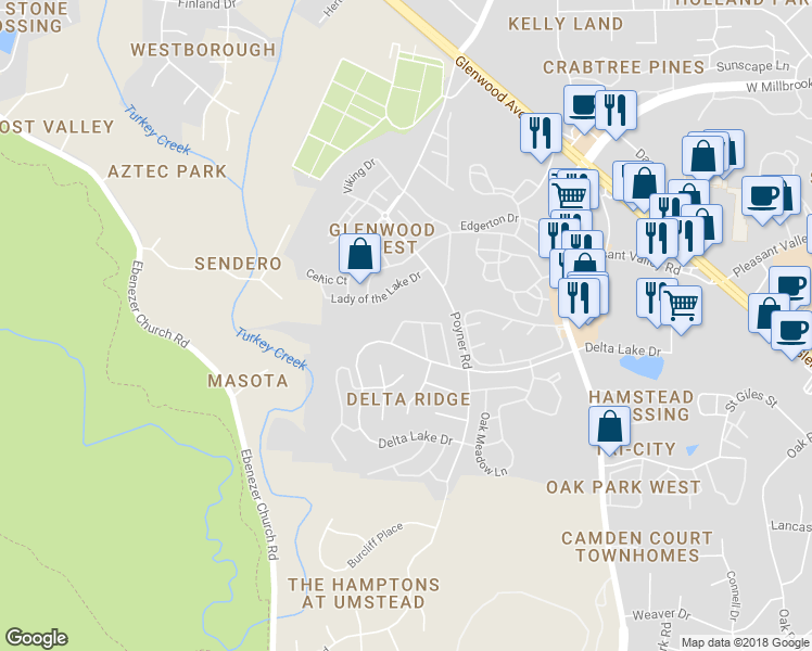 map of restaurants, bars, coffee shops, grocery stores, and more near 4801 Black Mountain Path in Raleigh