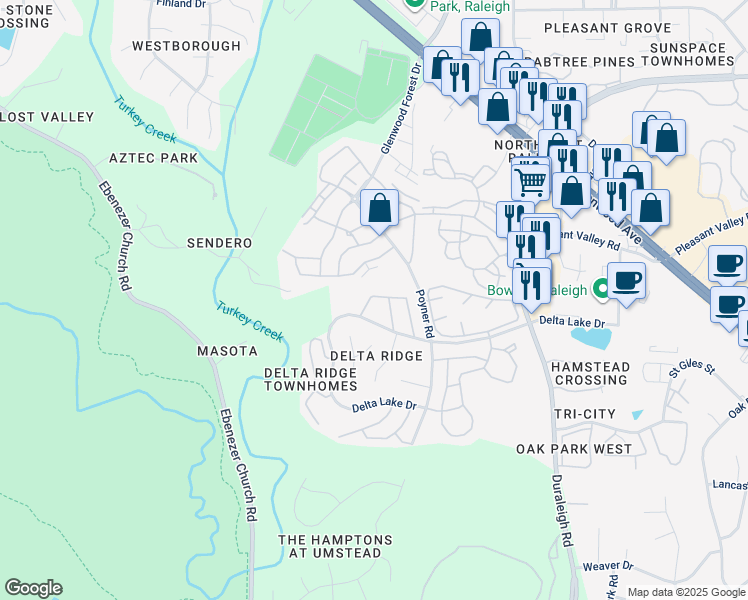 map of restaurants, bars, coffee shops, grocery stores, and more near 4801 Black Mountain Path in Raleigh