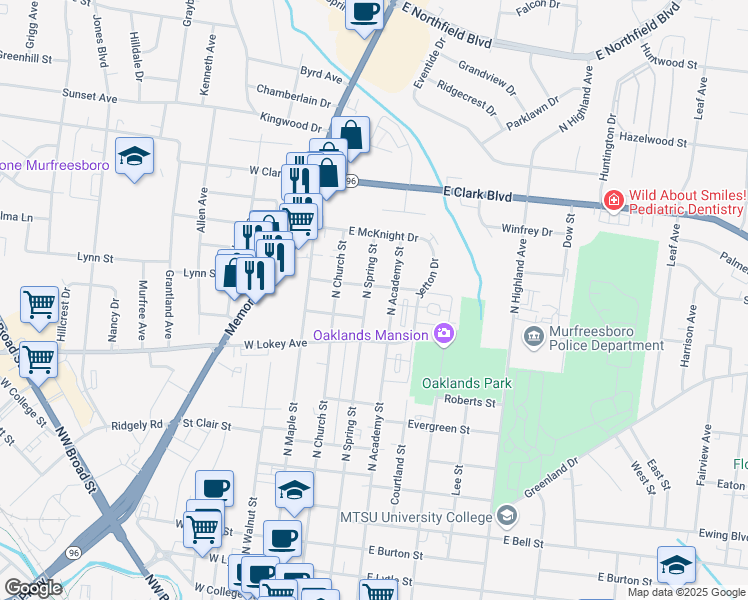 map of restaurants, bars, coffee shops, grocery stores, and more near 1008 North Spring Street in Murfreesboro