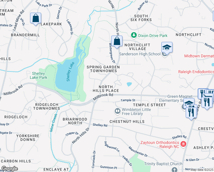 map of restaurants, bars, coffee shops, grocery stores, and more near 802 Mill Greens Court in Raleigh