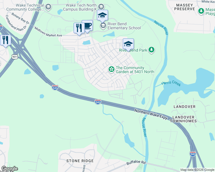 map of restaurants, bars, coffee shops, grocery stores, and more near 5914 Humanity Lane in Raleigh