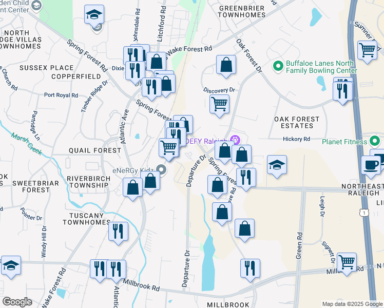 map of restaurants, bars, coffee shops, grocery stores, and more near 2722 Spring Forest Road in Raleigh