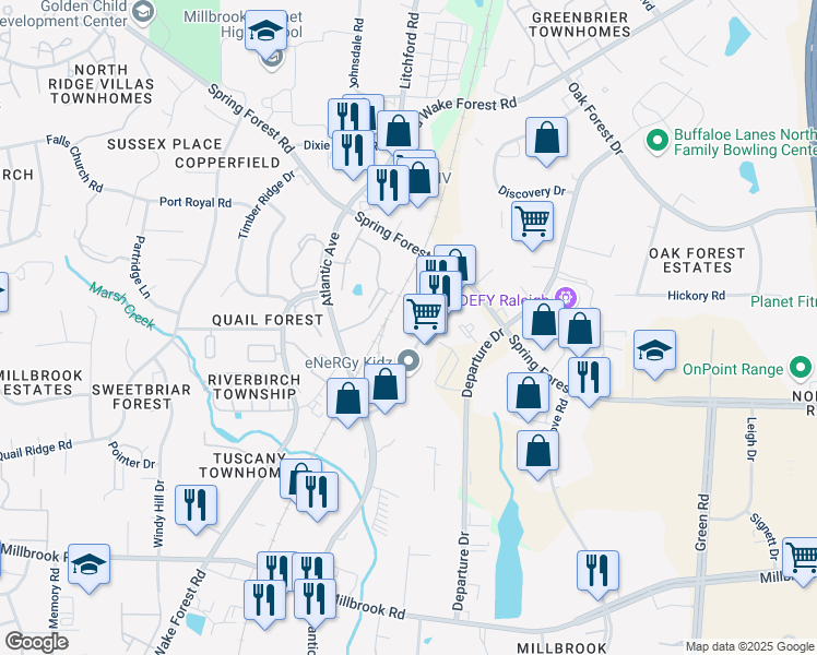 map of restaurants, bars, coffee shops, grocery stores, and more near 5421 Otters Run Court in Raleigh