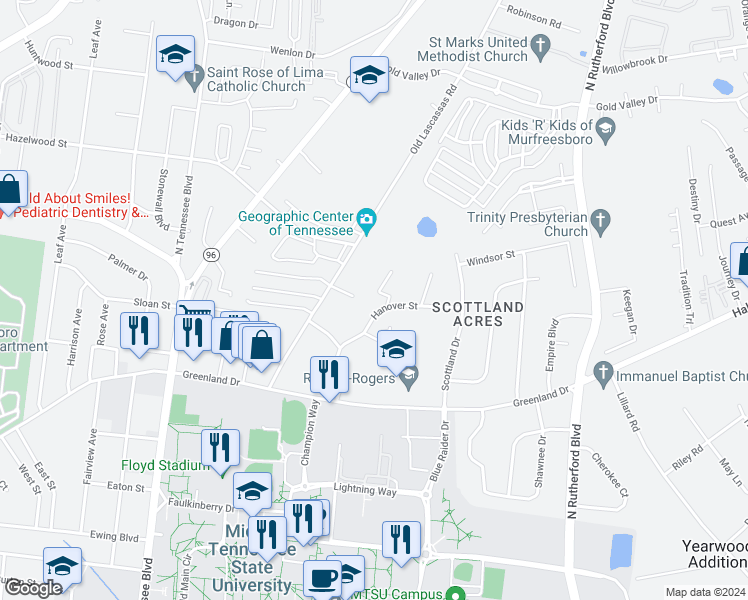 map of restaurants, bars, coffee shops, grocery stores, and more near 1619 Hanover Street in Murfreesboro