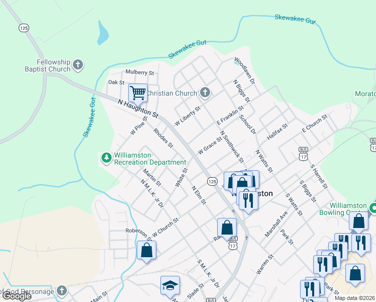 map of restaurants, bars, coffee shops, grocery stores, and more near 503 North Carolina 125 in Williamston