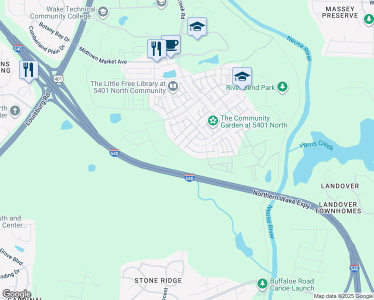 map of restaurants, bars, coffee shops, grocery stores, and more near 5140 Crescent Square Street in Raleigh