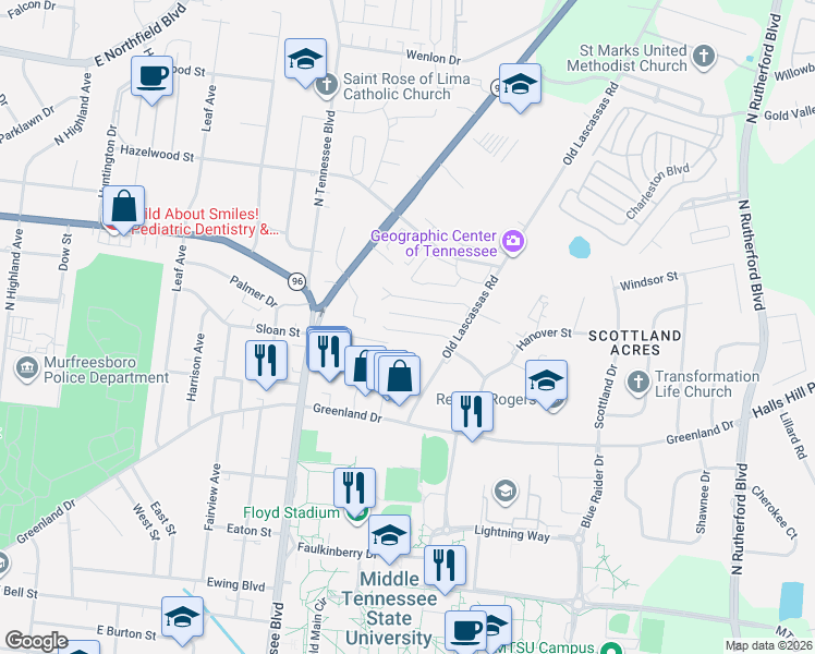map of restaurants, bars, coffee shops, grocery stores, and more near 1459 Middleborough Court in Murfreesboro