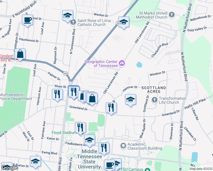 map of restaurants, bars, coffee shops, grocery stores, and more near 1203 Old Lascassas Road in Murfreesboro