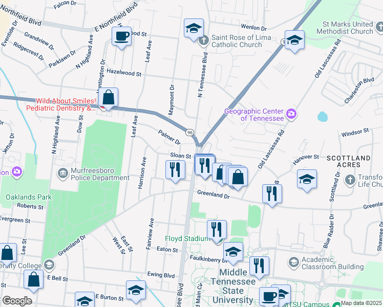 map of restaurants, bars, coffee shops, grocery stores, and more near 2911 Middle Tennessee Boulevard in Murfreesboro