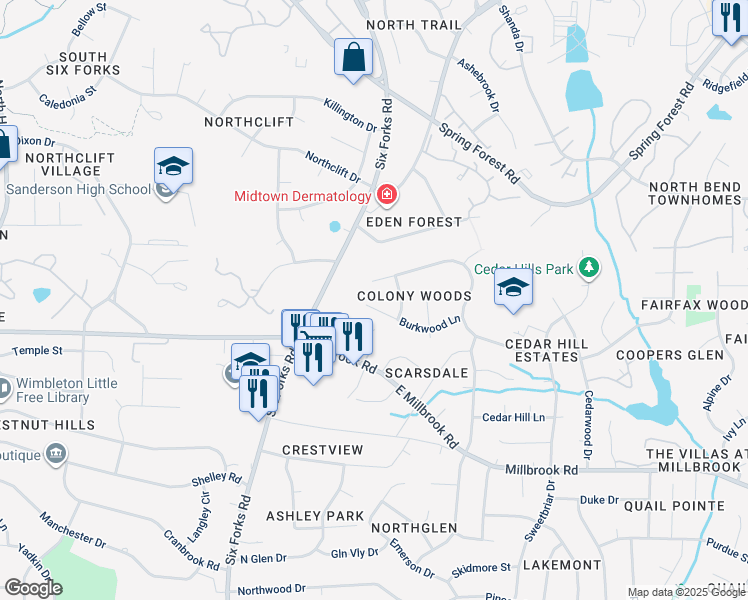map of restaurants, bars, coffee shops, grocery stores, and more near 109 Burkwood Lane in Raleigh