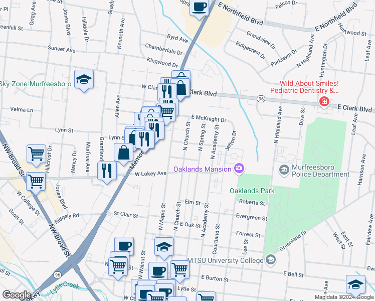 map of restaurants, bars, coffee shops, grocery stores, and more near 1008 North Church Street in Murfreesboro
